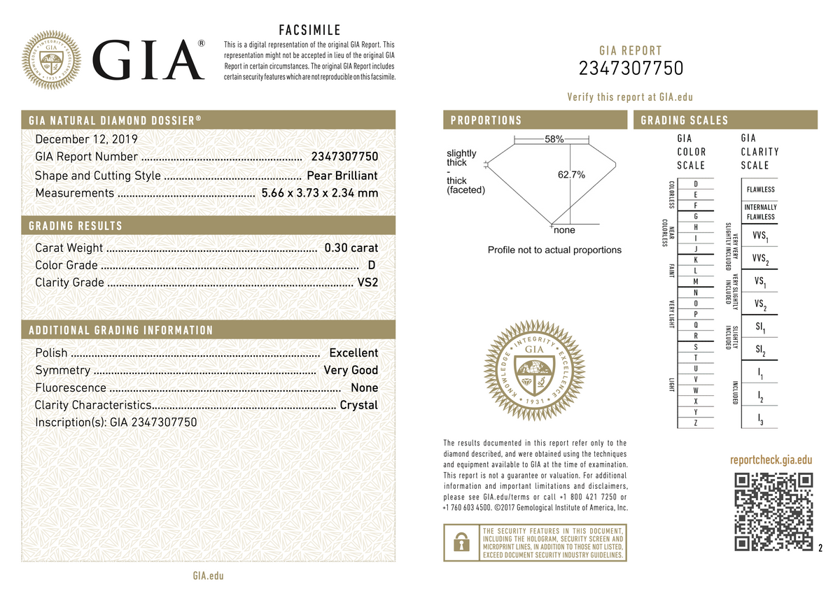 A GIA gemstone color and clarity report card for a natural diamond with report number 2347307750