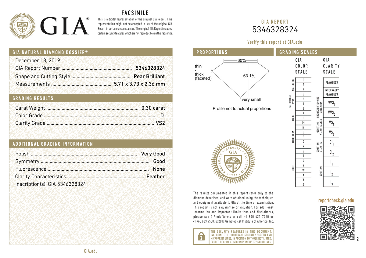 A GIA gemstone color and clarity report card for a natural diamond with report number 5346328324