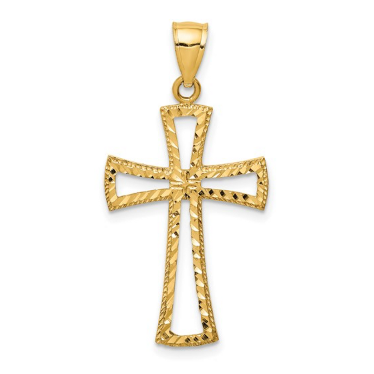Yellow gold faceted cross pendant set on clean white background