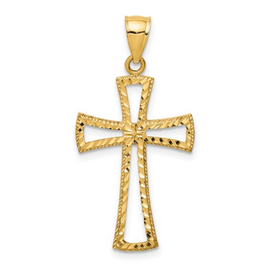 Yellow gold faceted cross pendant set on clean white background
