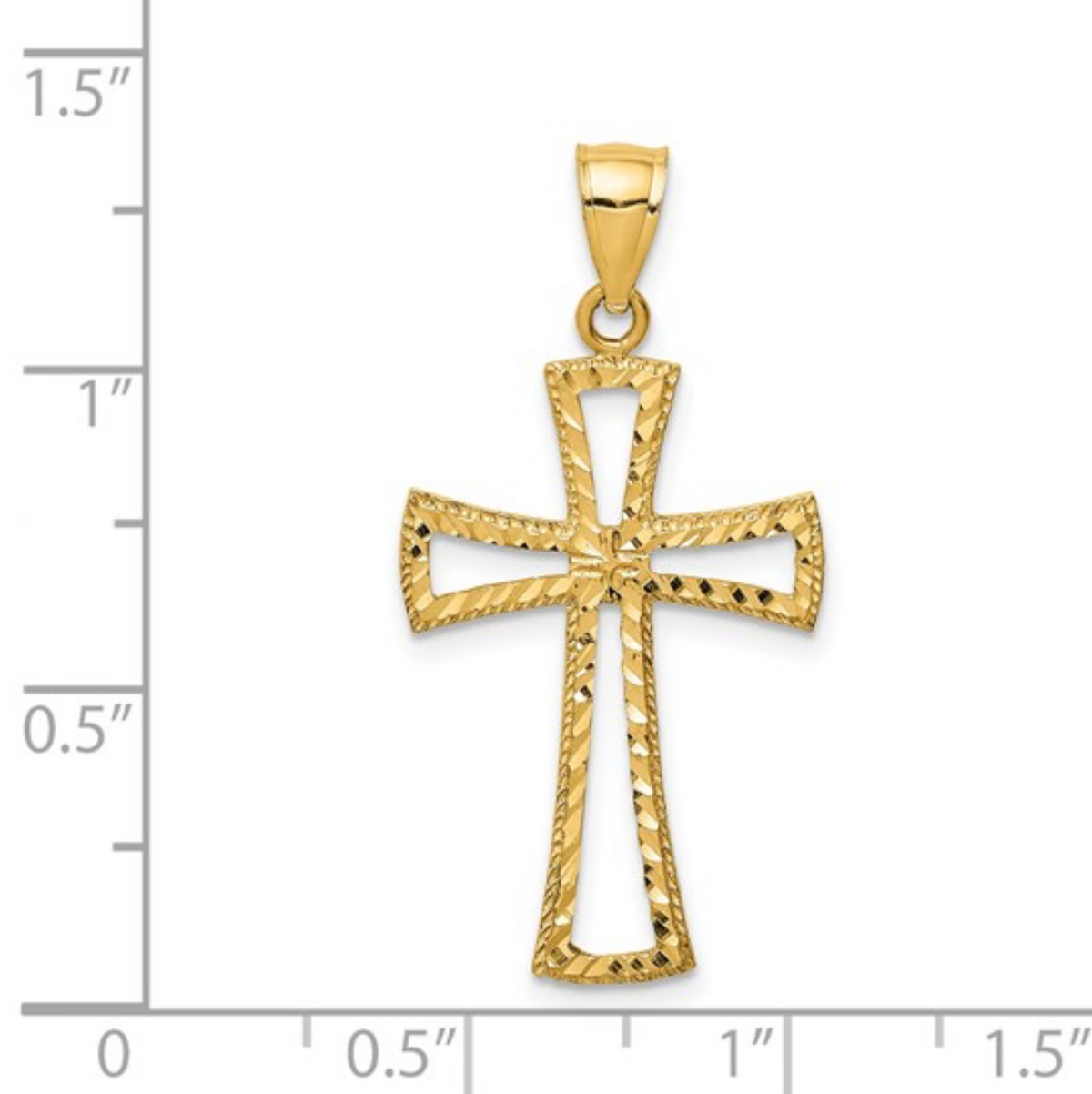 Gold cross pendant with measurement scale on a white background