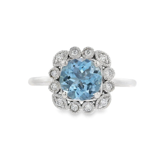 14K White Gold - Aquamarine & Diamond Halo Ring - J30035