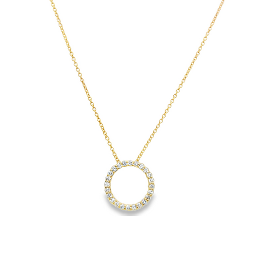 14K Yellow gold necklace with diamond set circle pendant. Item J36922 - ABC Jewelry Co