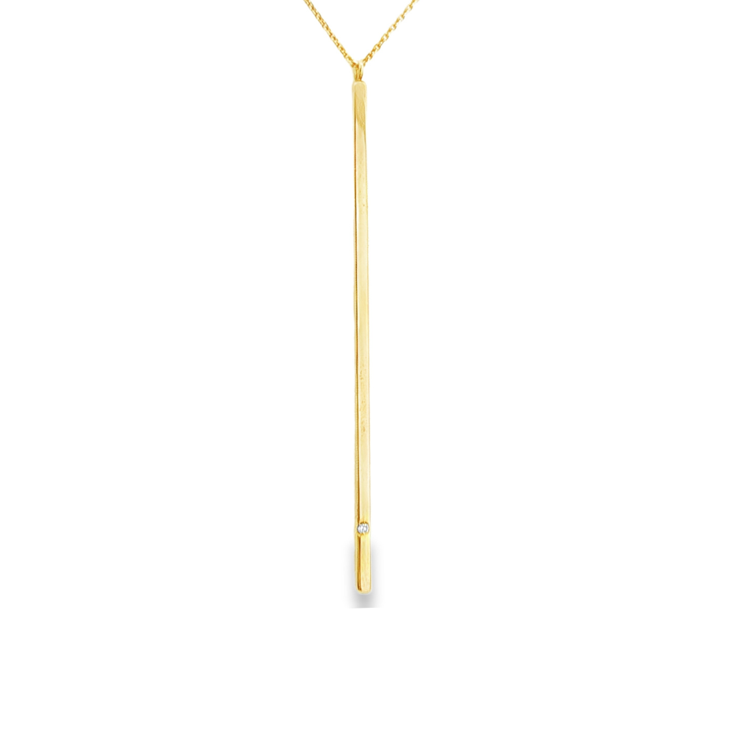 14K Yellow gold necklace with long bar pendant set with one round diamond. Item J34522 - ABC Jewelry Co.