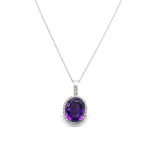 14K White Gold - Amethyst & Diamond Necklace - J37126