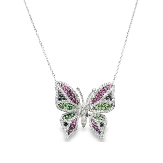 18K White Gold - Tsavorite, Diamond, & Sapphire Necklace - 19203
