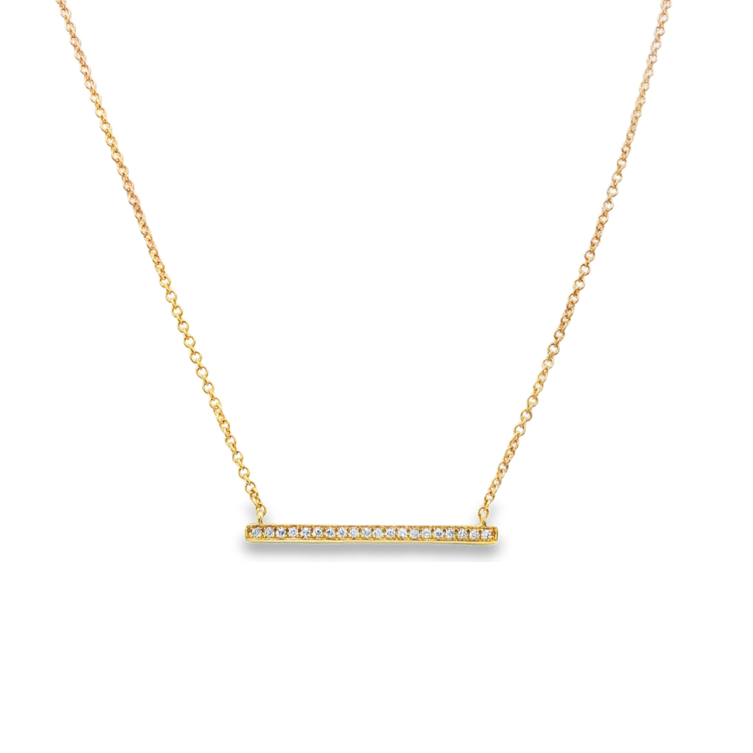 14K Yellow gold necklace with diamond set bar pendant. Item J31812 - ABC Jewelry Co. 