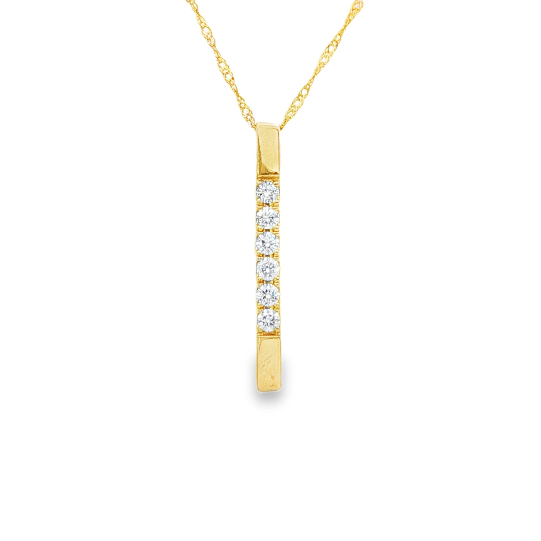 14K Yellow gold bar pendant necklace set with 6 round brilliant diamonds. Item J37535 - ABC Jewelry Co. 