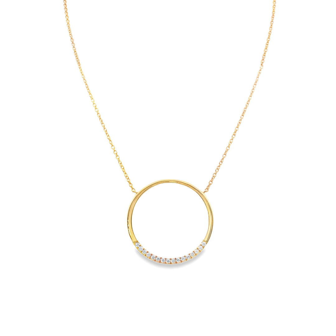18K Yellow gold diamond necklace with diamond set circular pendant. Item J35008 - ABC Jewelry Co.