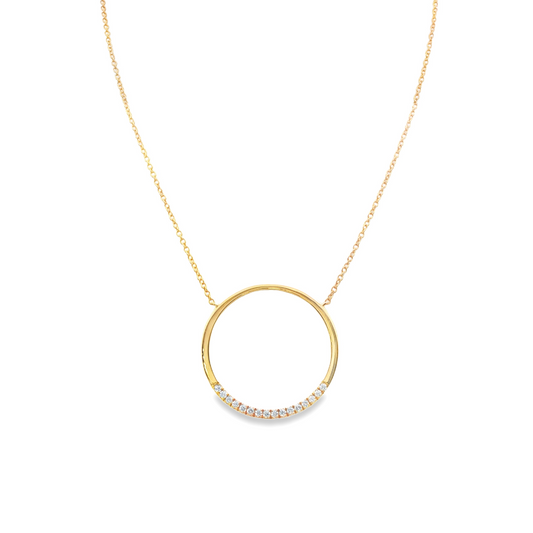 18K Yellow gold diamond necklace with diamond set circular pendant. Item J35008 - ABC Jewelry Co.