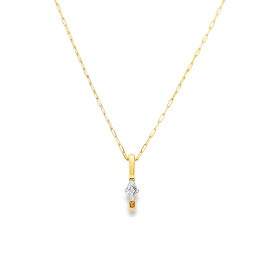 14K Yellow gold necklace with a paper clip chain and bar pendant set with a lozenge cut diamond. Item J37438 - ABC Jewelry Co. 