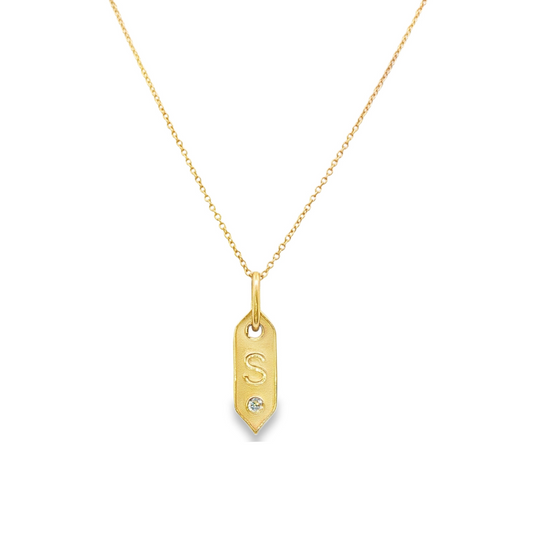 14K Yellow gold pendant necklace with initial "S" and one round brilliant diamond. Item J35419 - ABC Jewelry Co.