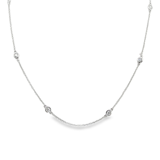 18K White gold necklace with bezel set diamonds bezel set along the chain. Item J38857 - ABC Jewelry Co. 