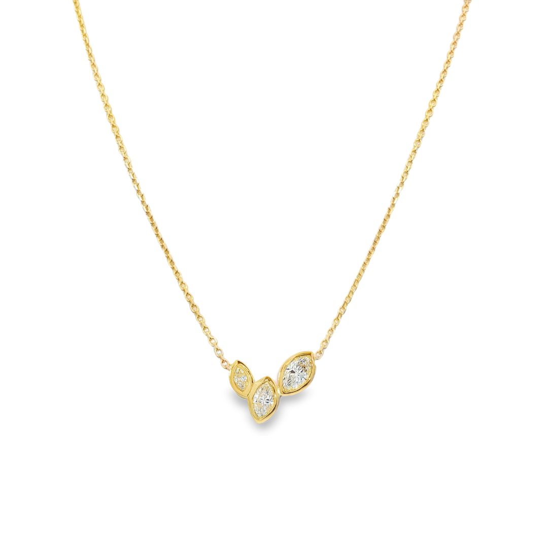 14K Yellow gold necklace set with three marquise diamonds. Item J38865 - ABC Jewelry Co. 