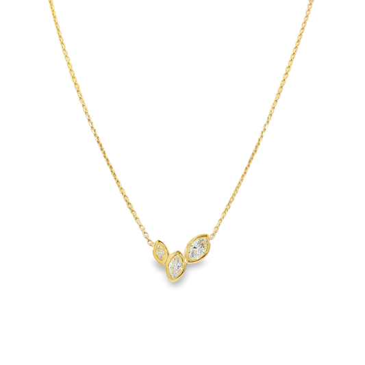 14K Yellow gold necklace set with three marquise diamonds. Item J38865 - ABC Jewelry Co. 