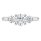 White gold three stone ring with round brilliant diamonds. Set on plain white background. 