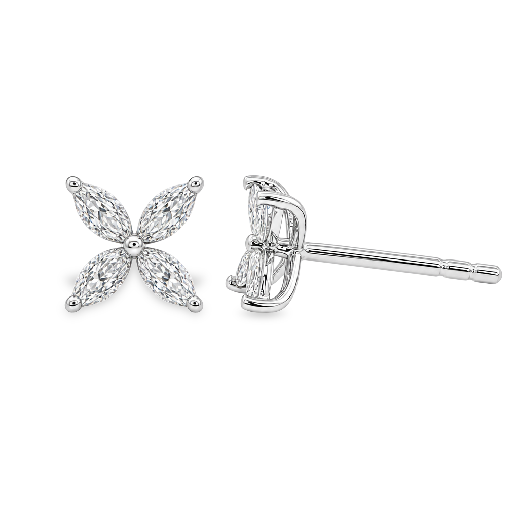 18K White Gold - Floral Marquise Cut Diamond Earrings