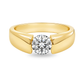 A yellow gold solitaire ring featuring a round brilliant-cut diamond center stone, presented on a clean white background.