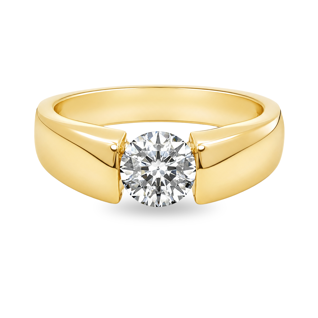 A yellow gold solitaire ring featuring a round brilliant-cut diamond center stone, presented on a clean white background.
