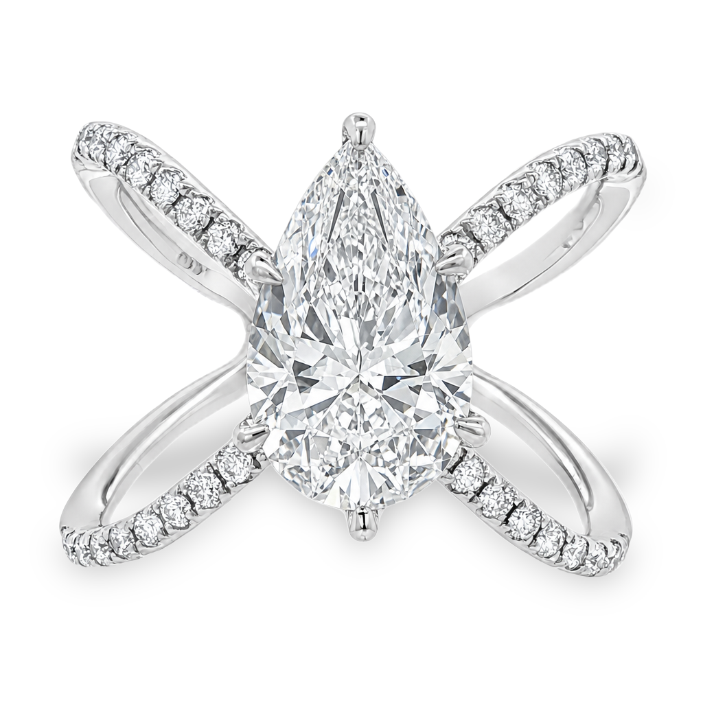 A pear-cut diamond ring with a white gold crisscross band, adorned with small pavé diamonds, set against a plain white background.