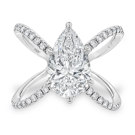 A pear-cut diamond ring with a white gold crisscross band, adorned with small pavé diamonds, set against a plain white background.