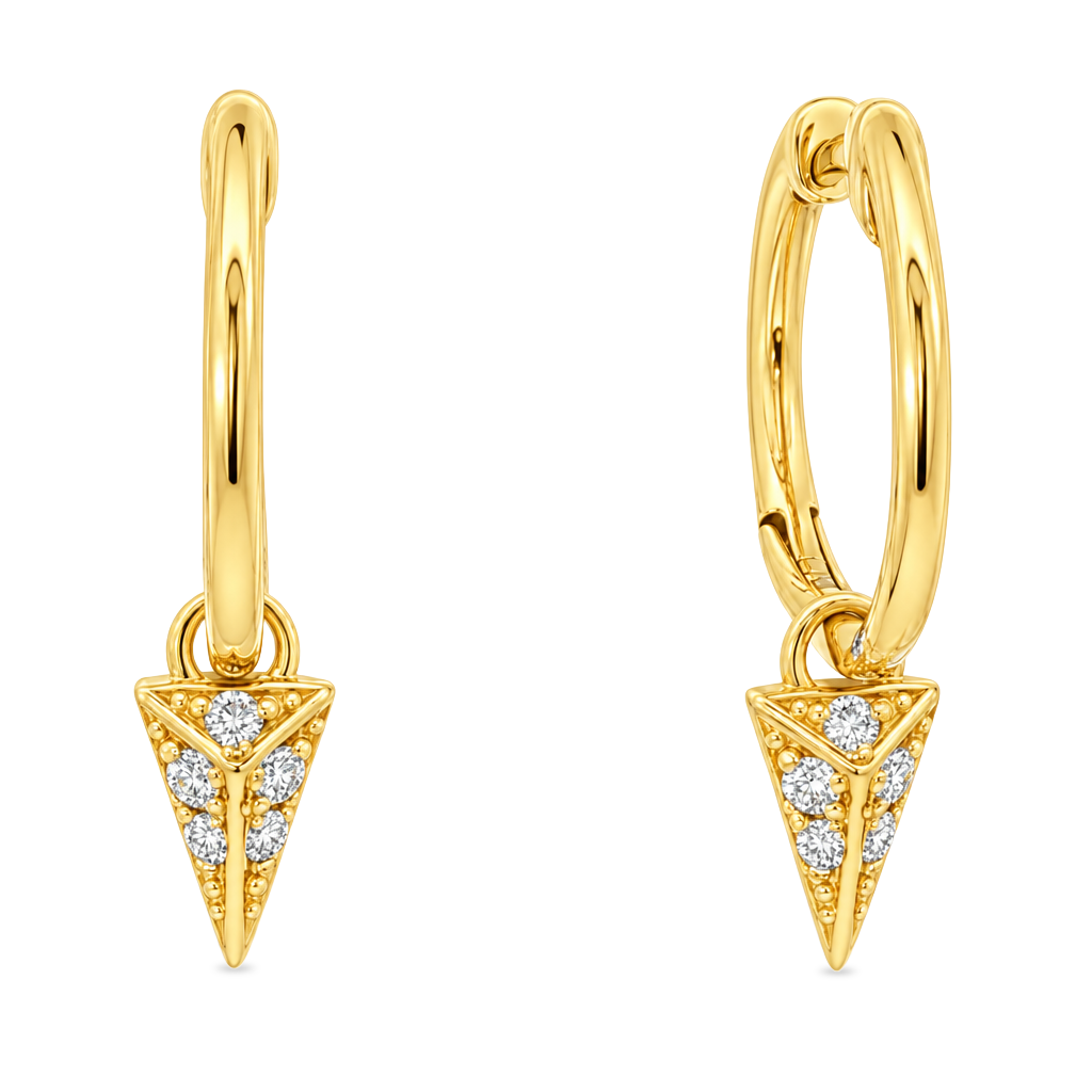 A pair of gold huggie hoop earrings with a dangling chevron design paved with small clear stones, shown on a solid white background.