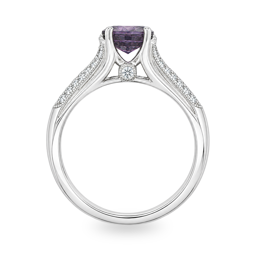 Profile view of white gold ring set with purple sapphire. Shown on a clean white background.