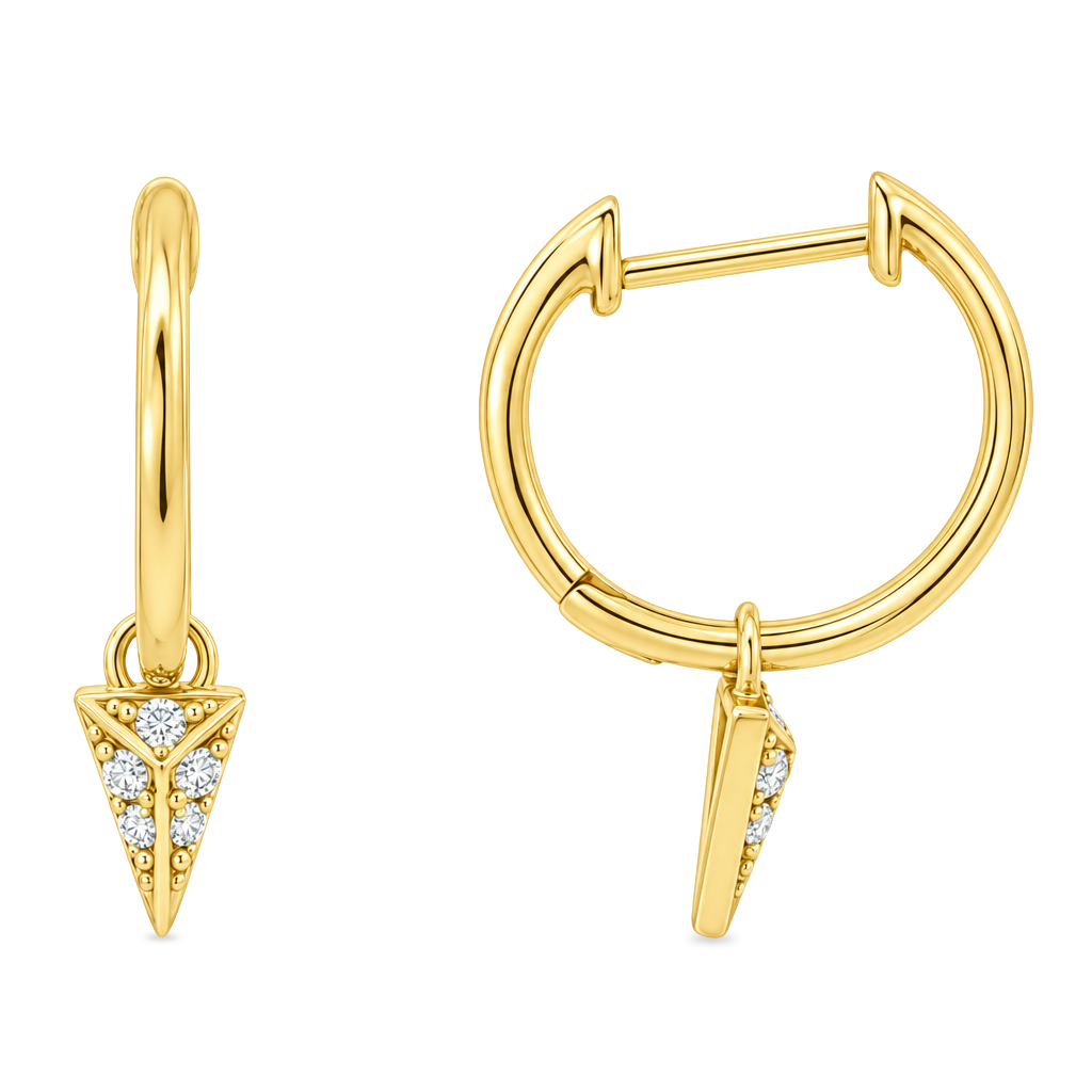 A pair of gold huggie hoop earrings with a dangling chevron design paved with small clear stones, shown on a solid white background.