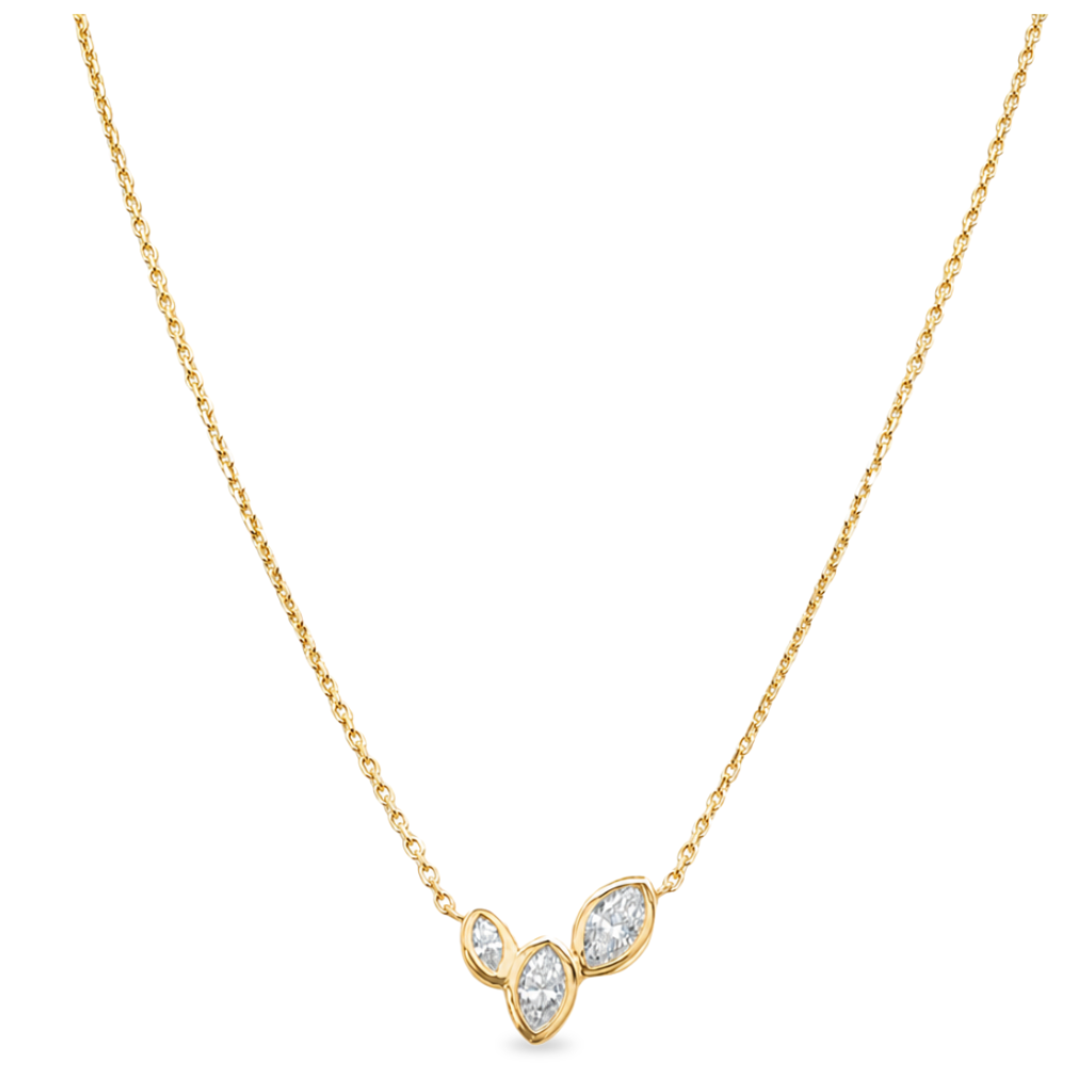 A delicate gold chain necklace featuring a small three-leaf pendant made of gold and clear marquise-cut diamonds, shown against a plain white background.
