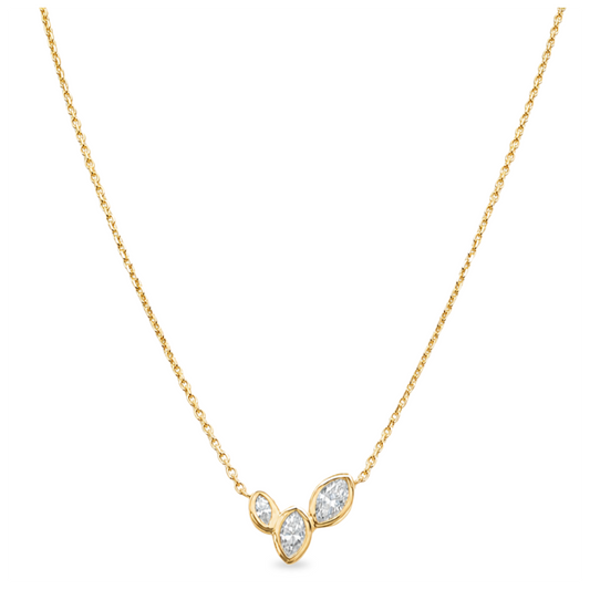 A delicate gold chain necklace featuring a small three-leaf pendant made of gold and clear marquise-cut diamonds, shown against a plain white background.
