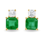 A pair of gold stud earrings featuring a large square-cut emerald gemstone and a smaller square-cut diamond above it, set in yellow gold prong settings on a white background.