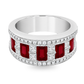A wide silver band ring featuring alternating rectangular red gemstones and rows of small clear stones, shown on a clean white background.
