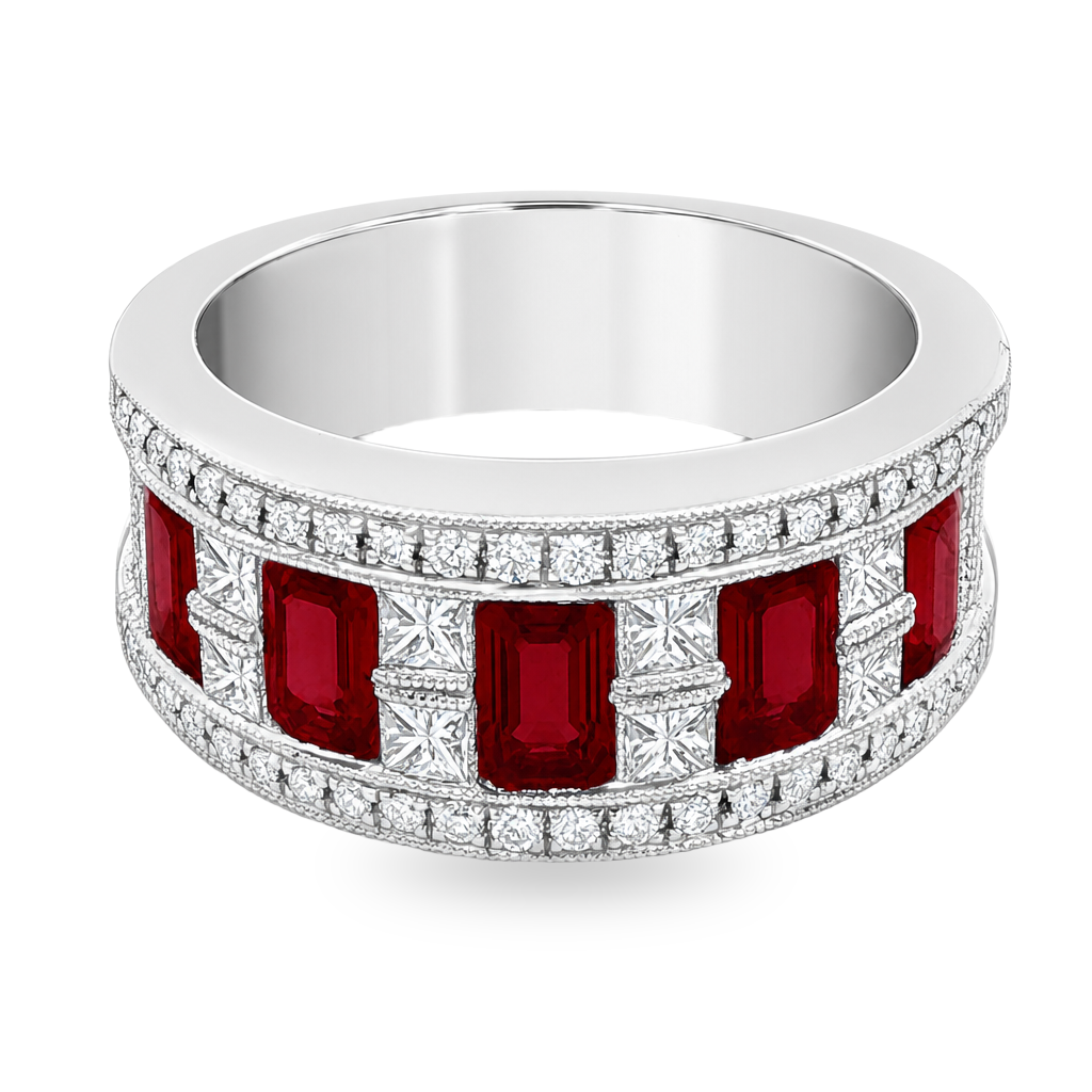 A wide silver band ring featuring alternating rectangular red gemstones and rows of small clear stones, shown on a clean white background.