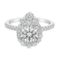 White gold ring set with a round diamond surrounded by a pear shape halo of graduated diamonds with diamonds set along the band. Shown on a clean white background.