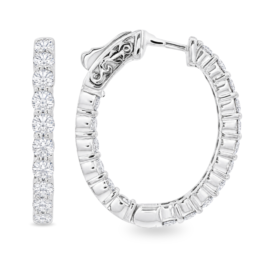 A pair of white gold hoop earrings set with round-cut clear gemstones, shown from two angles on a plain white background.