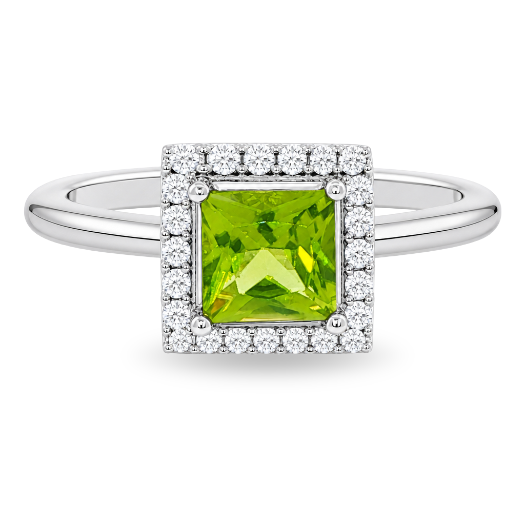 White gold ring set with cushion cut peridot with square diamond halo. Set on clean white background