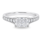 A radiant cut diamond engagement ring in a white gold band with pavé diamonds on either side, shown on a clean white background.