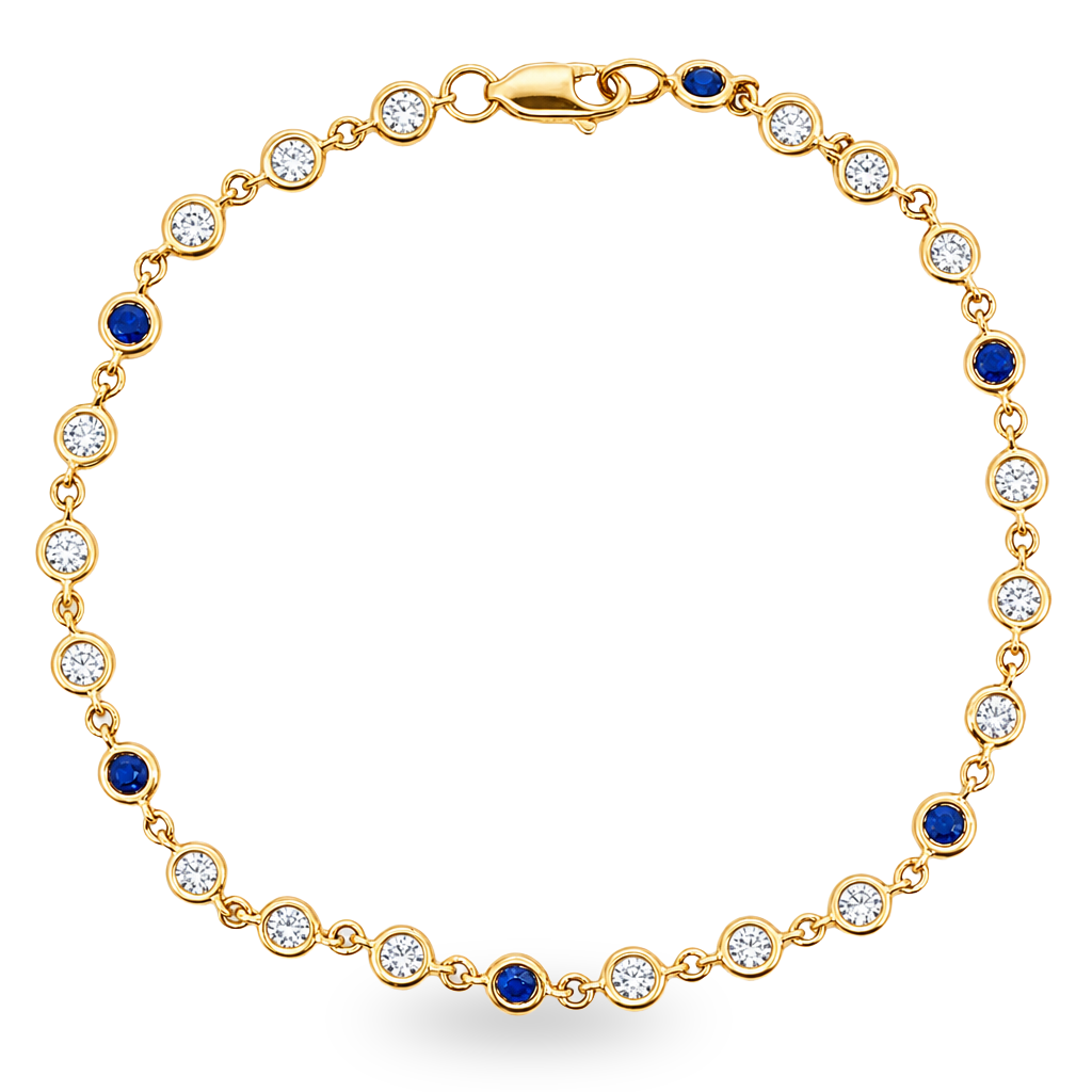 A gold link bracelet featuring alternating round bezel-set diamonds and deep blue sapphires, with a lobster clasp closure, shown on a plain white background.