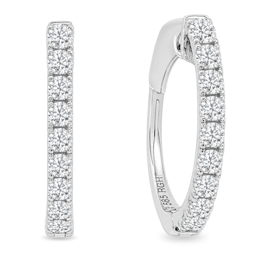 White gold good earrings set with a line of round brilliant diamonds. Shown on a clean white background