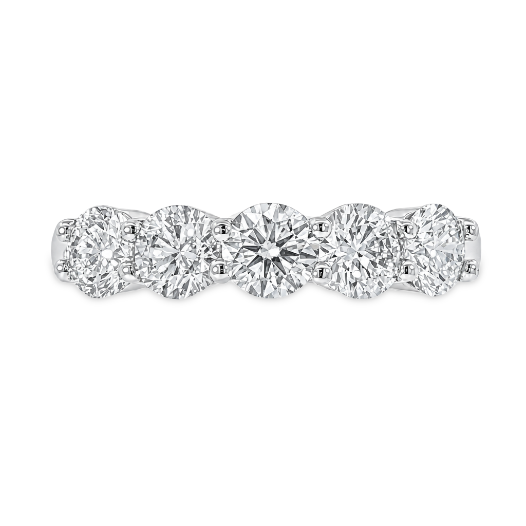 White gold band with 5 round brilliant diamonds in a shared prong setting 