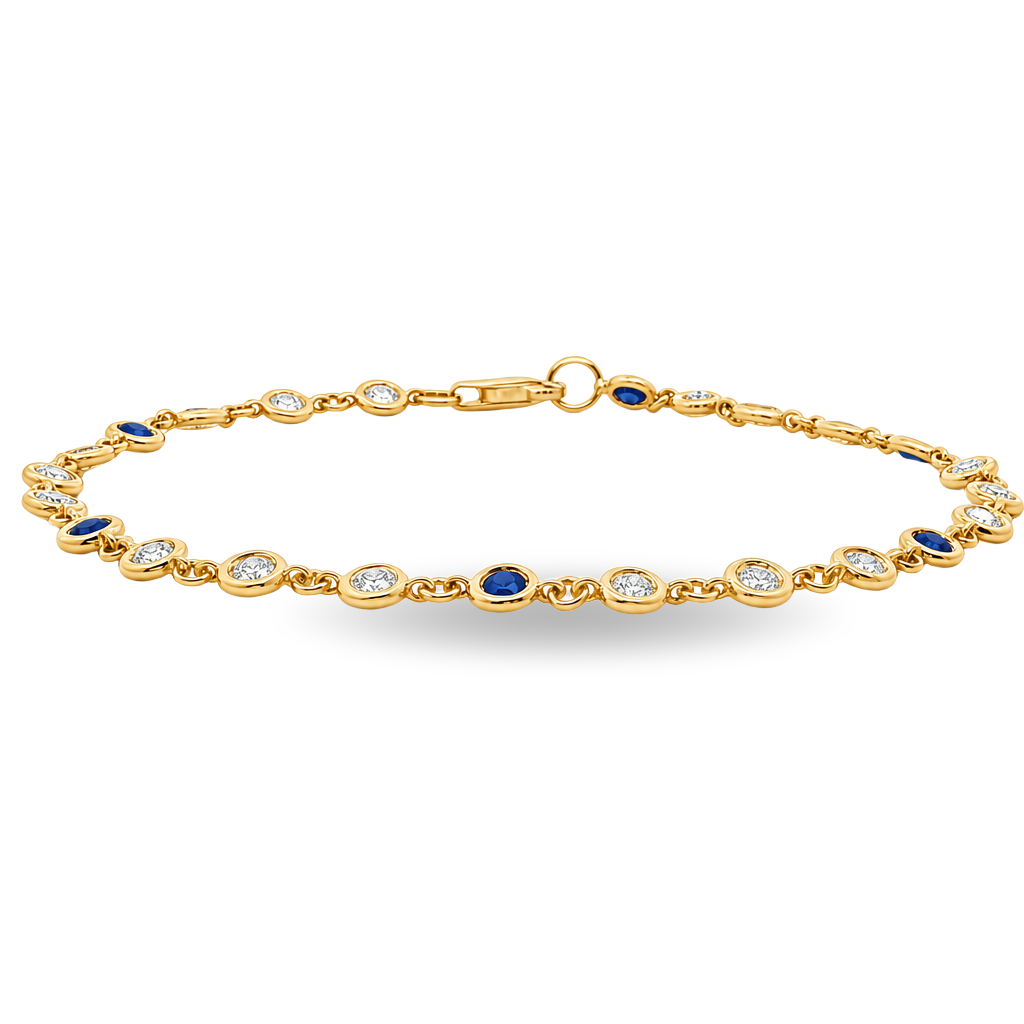 A gold link bracelet featuring alternating round bezel-set diamonds and deep blue sapphires, with a lobster clasp closure, shown on a plain white background.