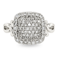 A white gold halo ring featuring a cushion-shaped pavé diamond center with a halo border and twisted band details, shown on a white background.