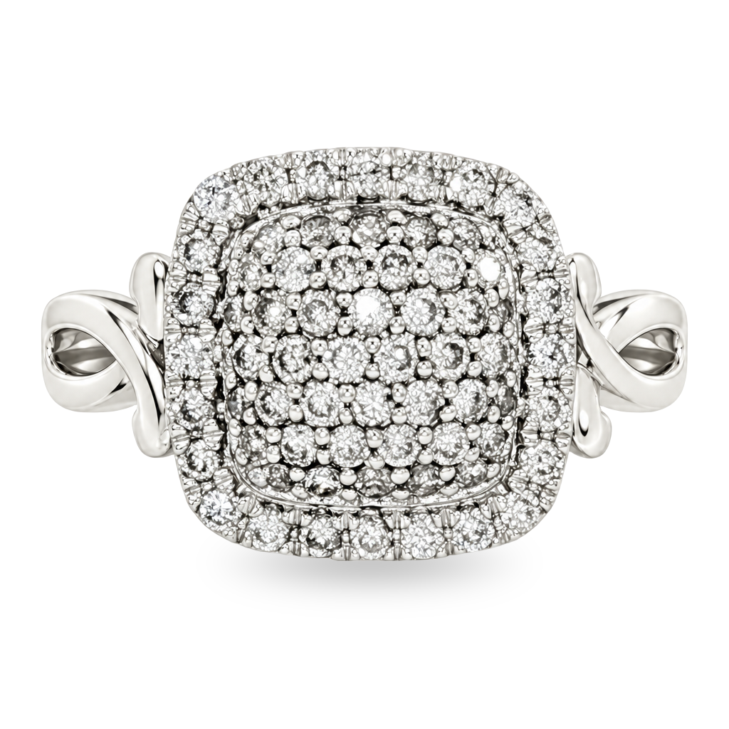 A white gold halo ring featuring a cushion-shaped pavé diamond center with a halo border and twisted band details, shown on a white background.