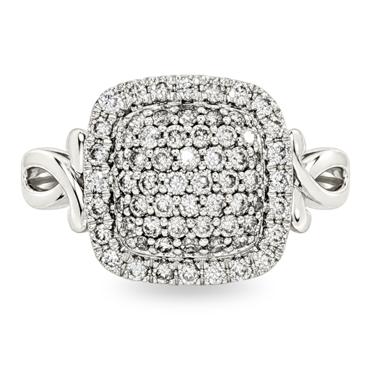 A white gold halo ring featuring a cushion-shaped pavé diamond center with a halo border and twisted band details, shown on a white background.