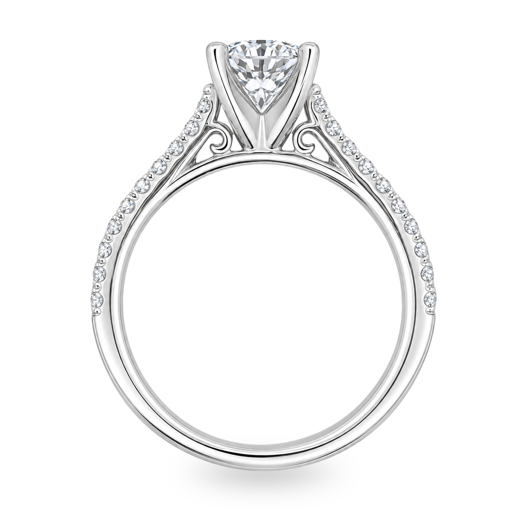 White gold ring with diamonds set along the band, center set with round diamond. Shown on a clean white background.