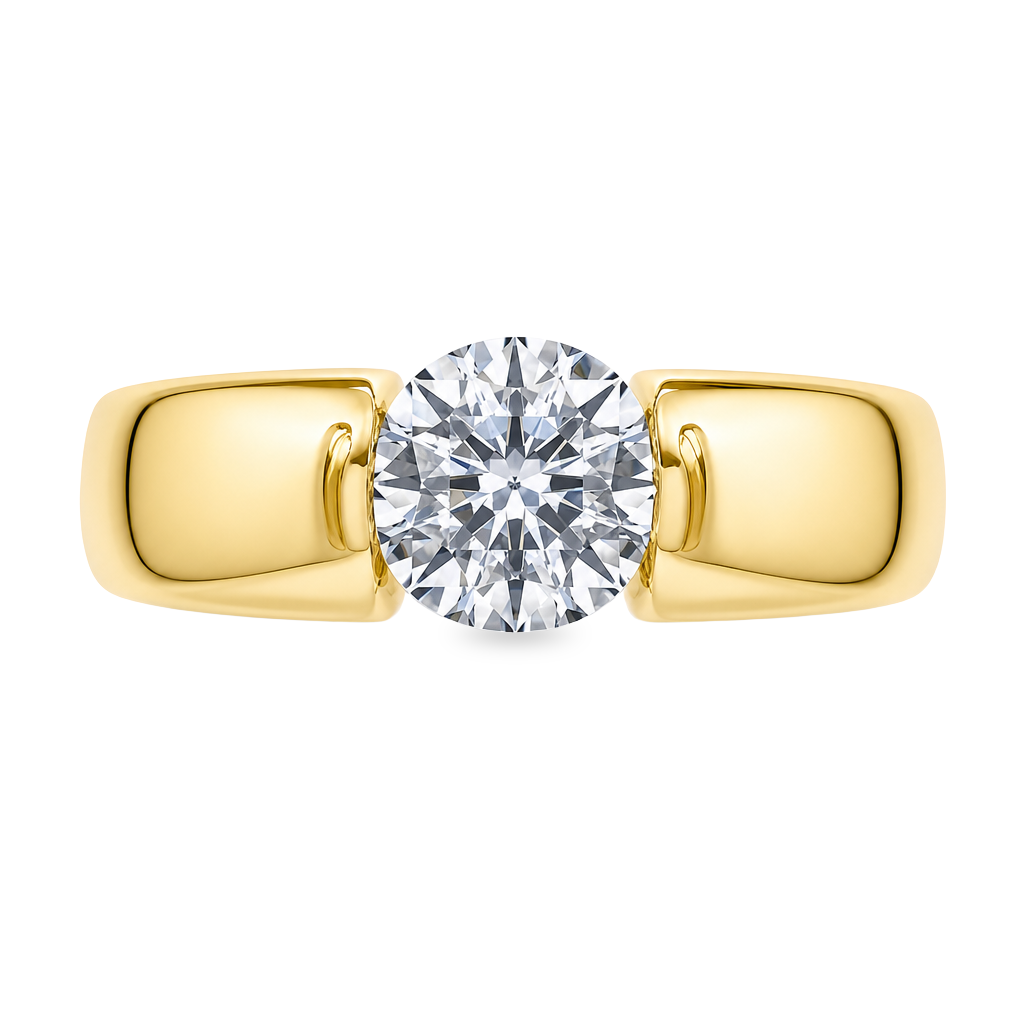 A yellow gold solitaire ring featuring a round brilliant-cut diamond center stone, presented on a clean white background.
