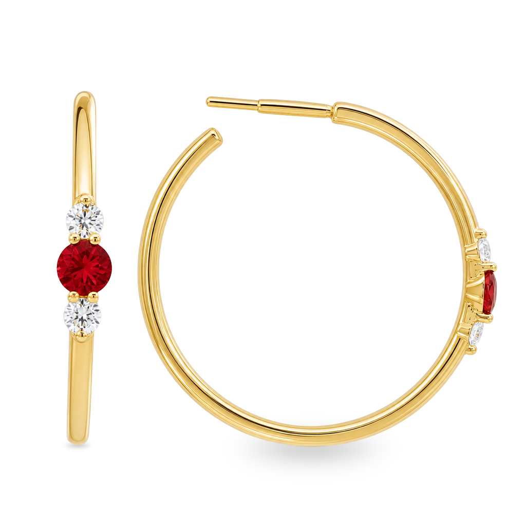14K Yellow Gold - Ruby & Diamond Hoop Earrings