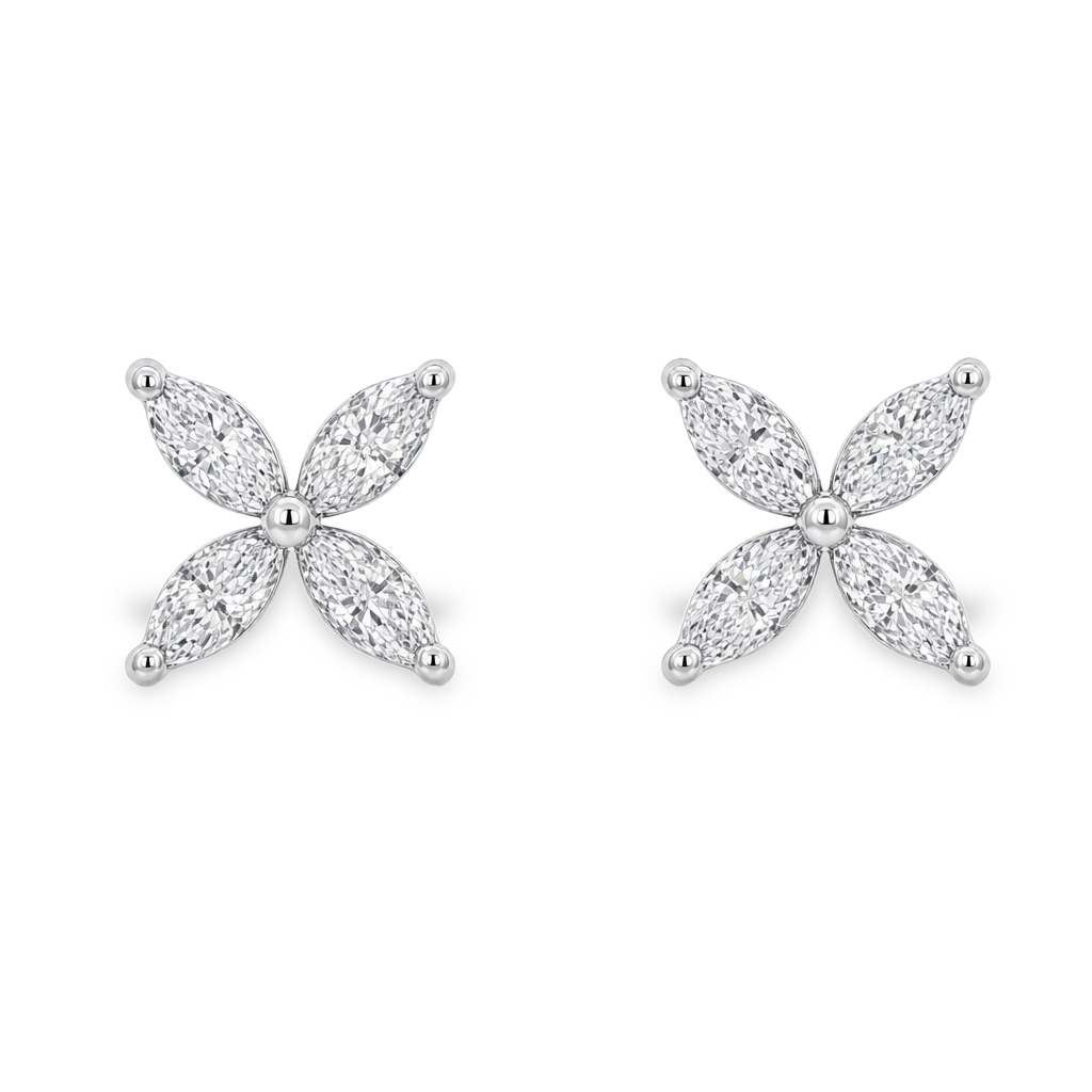 18K White Gold - Floral Marquise Cut Diamond Earrings