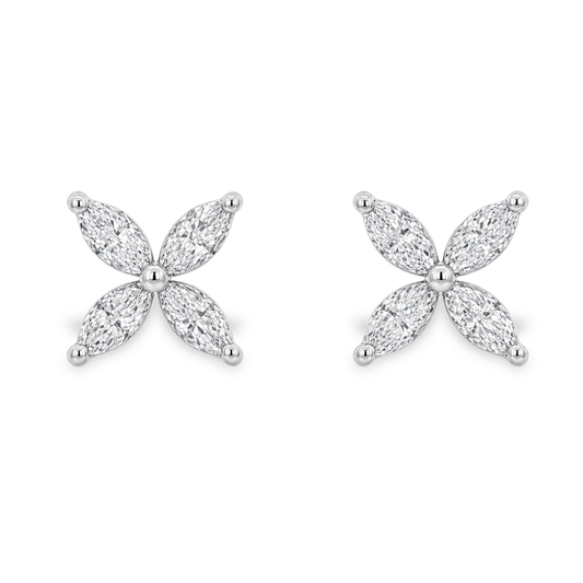 18K White Gold - Floral Marquise Cut Diamond Earrings