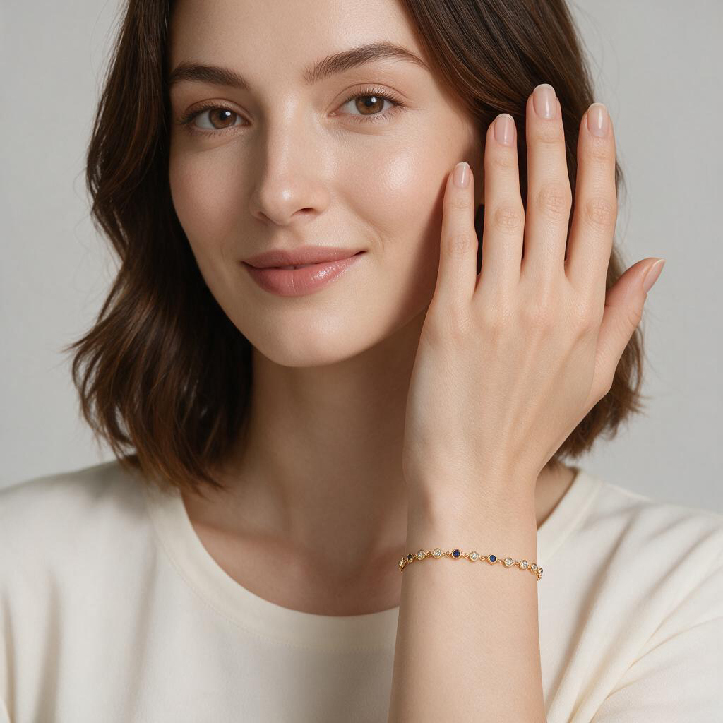 Yellow gold bracelet with bezel set diamonds and sapphires, worn by a model on a light grey background 
